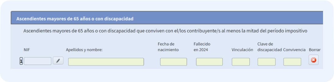 Rellena los datos de tus ascendientes mayores de 65 años o con discapacidad (en el modelo 100)