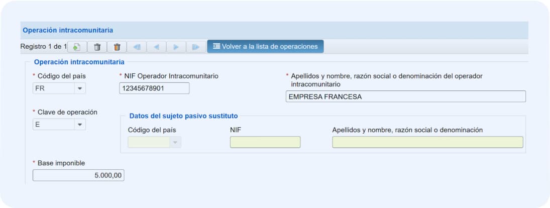 Ejemplo de operador intracomunitario rellenado en el modelo 349