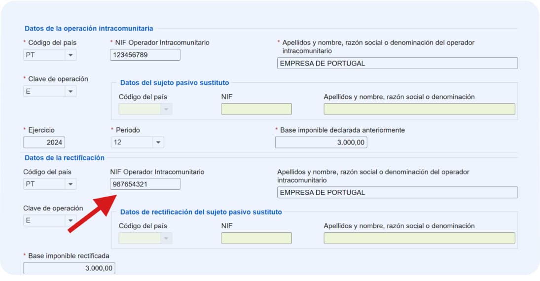 Ejemplo de NIF de operador intracomunitaria rectificado. Modelo 349.