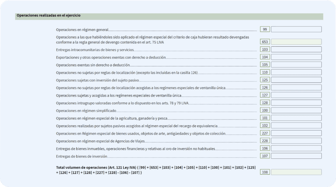 Pantalla de haciendo donde el autónomo debe llenar el apartado de “Operaciones realizadas en el ejercicio” con la suma suma total de sus operaciones antes de aplicar el IVA.