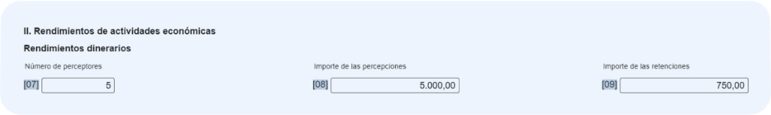 Pantalla del modelo 111 del rendimiento de actividades económicas donde el autónomo deberá introducir la información sobre las facturas.