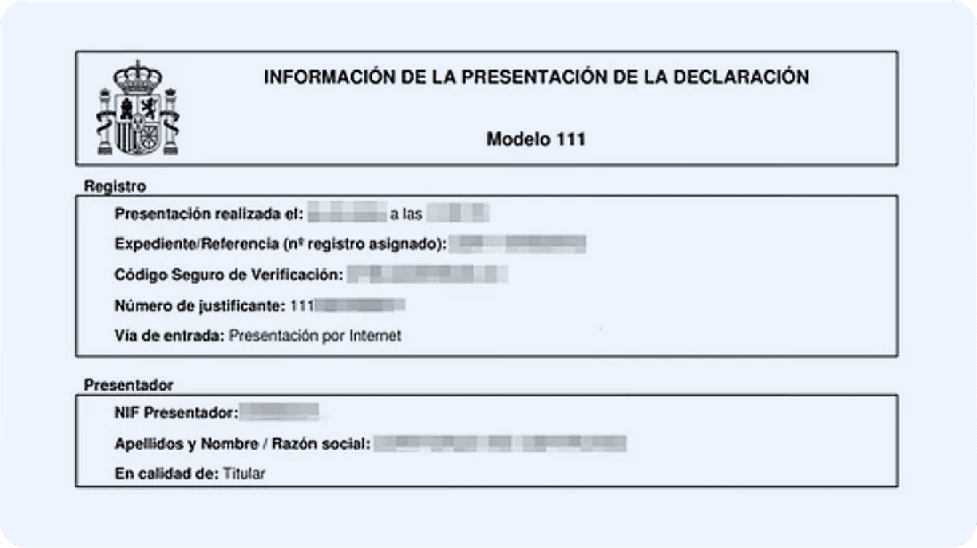 Imagen del documento del modelo 111 donde se visualiza el número del justificante.