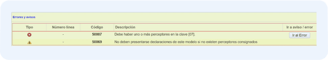 Pantalla de Hacienda que aparece en caso hay errores o falta información obligatoria, indicándonos lo que debemos corregir.