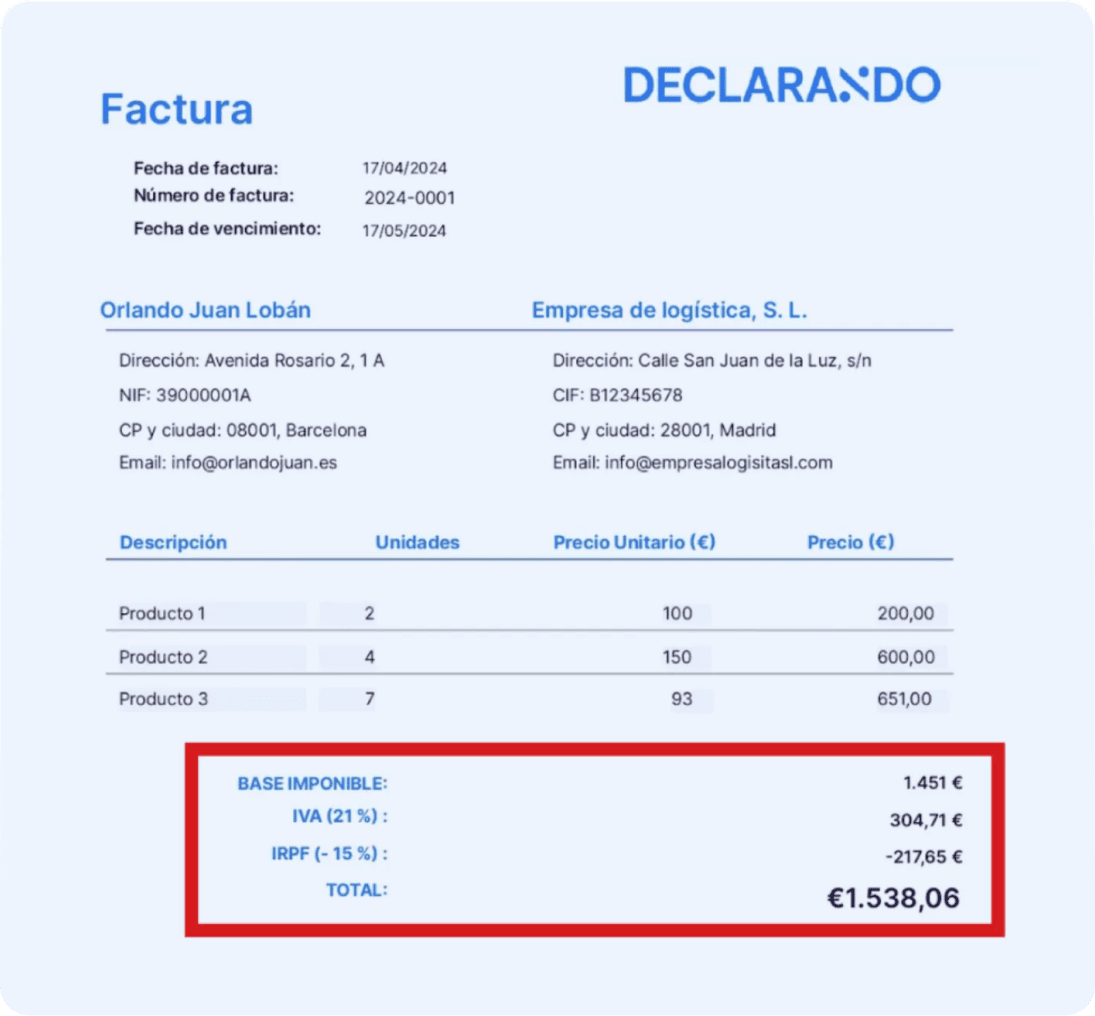 Imagen de ejemplo de factura de gasto con retención que el autónomo deberá reunir para declarar.