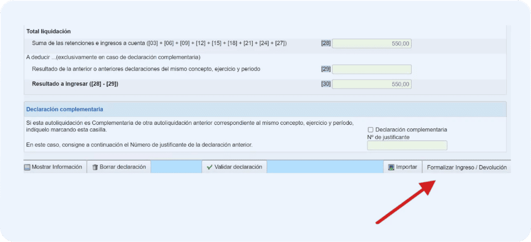 Pantalla del modelo 111 donde el autónomo deberá clicar el botón “formalizar ingreso/devolución” para pagar el modelo mencionado previamente.