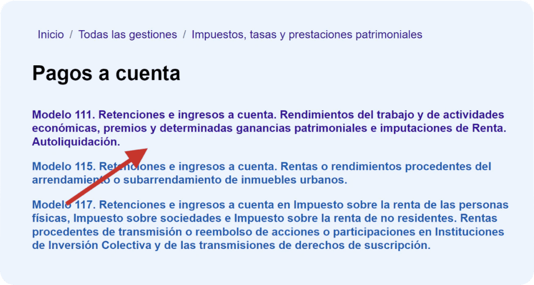 Pantalla de la web de Hacienda donde el autónomo podrá clicar la opción para presentar el modelo 111.