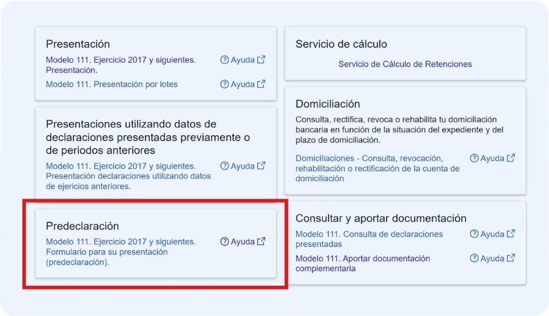 Pantalla de la web de Hacienda donde se muestra la opción “Predeclaración” para presentar el modelo 111 en papel.