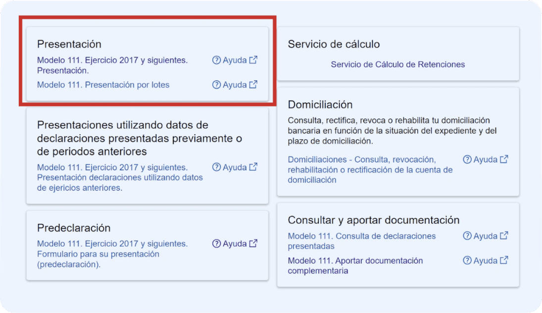 Pantalla de la web de Hacienda donde se muestra la opción para presentar el modelo 111 online.