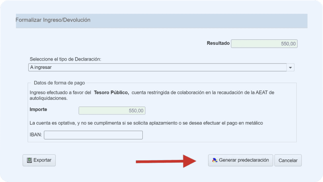 Pantalla de Hacienda donde el autónomo presentará la predeclaración, para ello deberá clicar “Generar Predeclaración”.