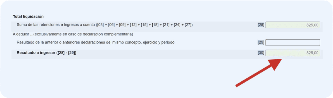 Pantalla del modelo 111 donde se muestra el resultado final del modelo 111, en la casilla 30.