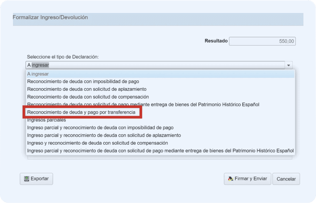 Pantalla de Hacienda donde el autónomo selecciona el tipo de Declaración: Reconocimiento de deuda y pago por transferencia.