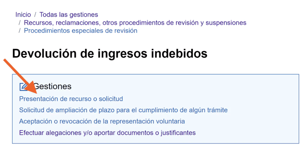 Pantalla de Hacienda del modelo 115 donde se visualiza el botón “presentación de recursos o solicitud” para solicitar la devolución de ingresos indebidos.