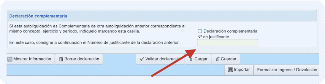 Pantalla del Modelo 115 donde se debe ingresar el número de justificante en la sección de declaración complementaria.