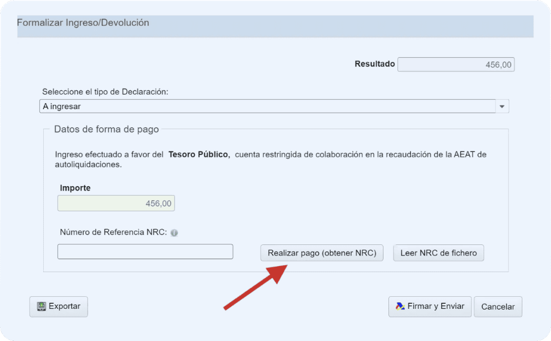Pantalla de Hacienda del modelo 115 donde ingresas el código NRC de 22 caracteres para identificar el pago online de tu declaración.
