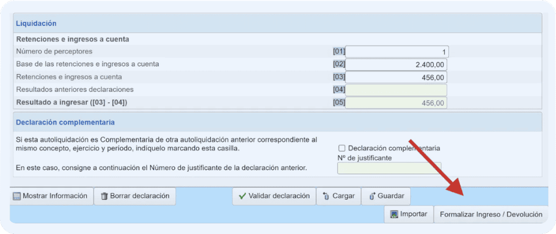 Pantalla del modelo 115 donde se clica el botón “formalizar ingreso/devolución” para realizar el pago.