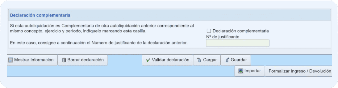 Pantalla de Hacienda del modelo 115 reservado para la declaración complementaria.