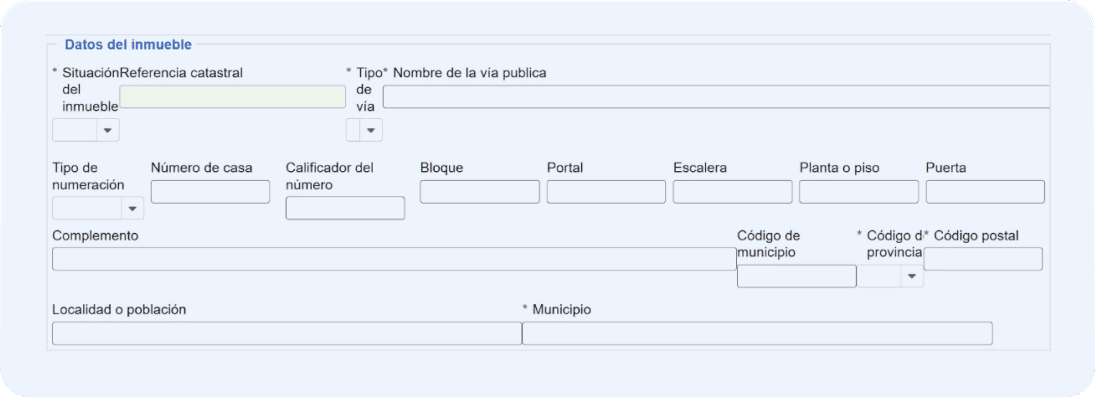 Pantalla del modelo 180 donde has de indicar la dirección del local u oficina con su referencia catastral.