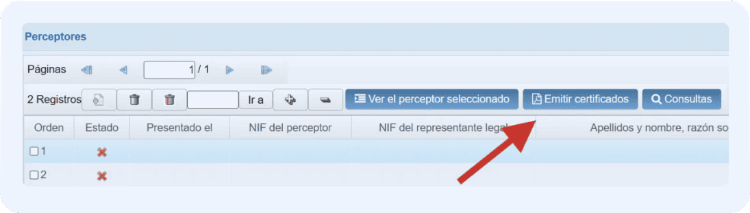 Pantalla de Perceptores del modelo 180 donde se visualiza el botón de “Emitir Certificados” el cual generará de manera automática el PDF del modelo 180 rellenado previamente.