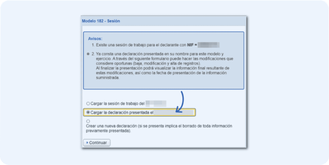 Pantalla de Hacienda del modelo 180 en donde podrás cargar la declaración manualmente.
