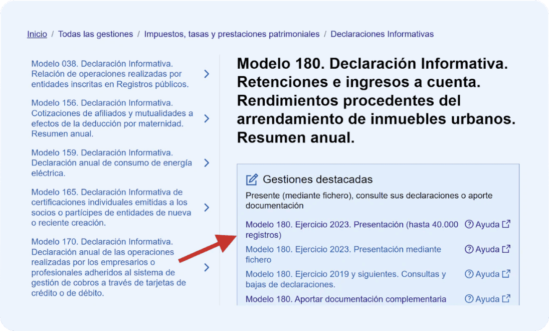 Pantalla de Hacienda del modelo 180 donde el autónomo deberá clicar la primera opción del recuadro de “Gestiones destacadas”.