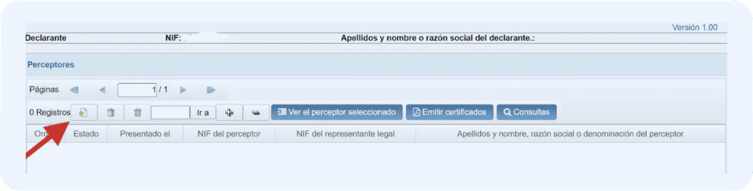 Pantalla del modelo 180 donde el autónomo deberá clicar “Nuevo Registro” para completar la información del modelo.