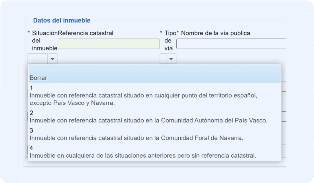 Pantalla del desglose de las opciones de referencia castral donde deberás aclarar la ubicación del inmueble.