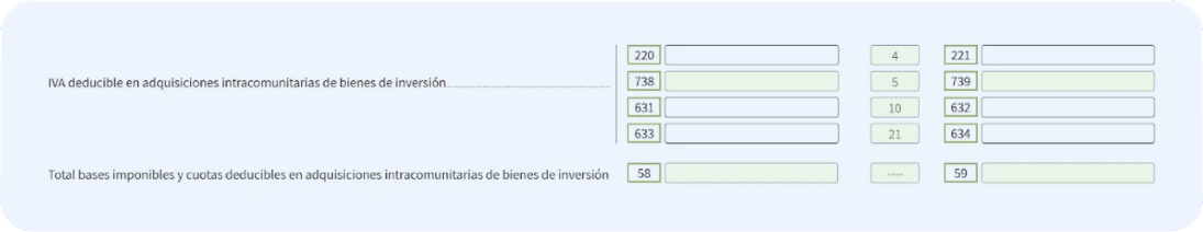 Pantalla del modelo 390 en la que el autónomo deberá informar las compras intracomunitarias de bienes de inversión completando las casillas: 220, 221, 738, 739 y 621 a 634.