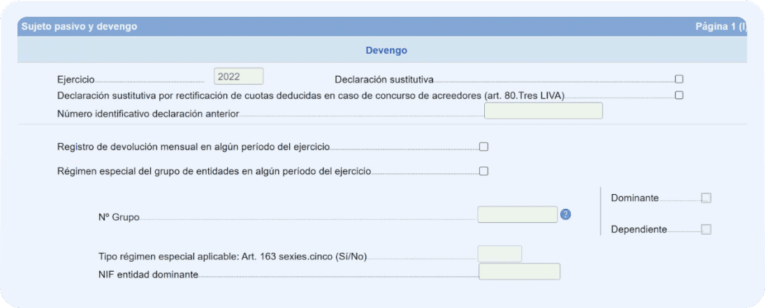 Pantalla del modelo 390 donde el autónomo deberá ingresar los datos del devengo del IVA.