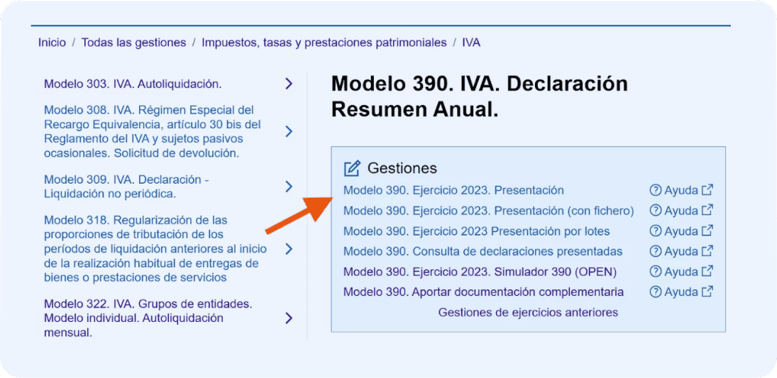 Pantalla de la sede electrónica de la Agencia Tributaria, donde el autónomo deberá hacer clic en “Modelo 390 - IVA Declaración Resumen Anual” para acceder al formulario.