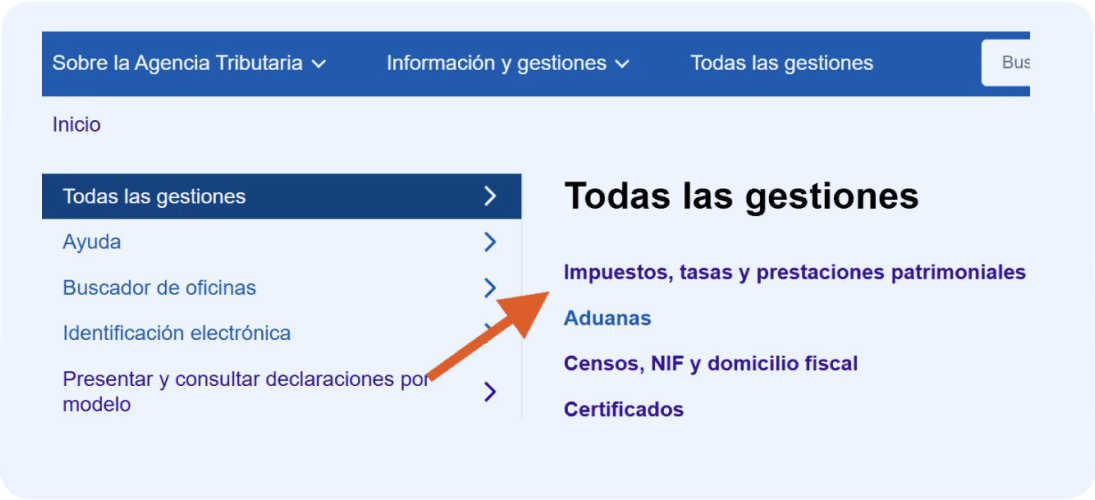 Pantalla de la sede electrónica de la Agencia Tributaria donde el autónomo tendrá que clicar “Impuestos, tasas y presentaciones patrimoniales” para acceder al modelo 390.