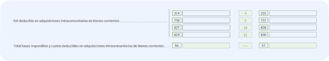 Pantalla del modelo 390 en la que el autónomo deberá declarar las importaciones de bienes de inversión completando las casillas: 208, 209, 734, 735 y 623 a 626.