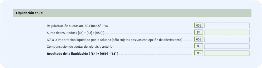 Pantalla del modelo 390 en la que el autónomo debe rellenar casillas relativas al resultado de su liquidación anual.