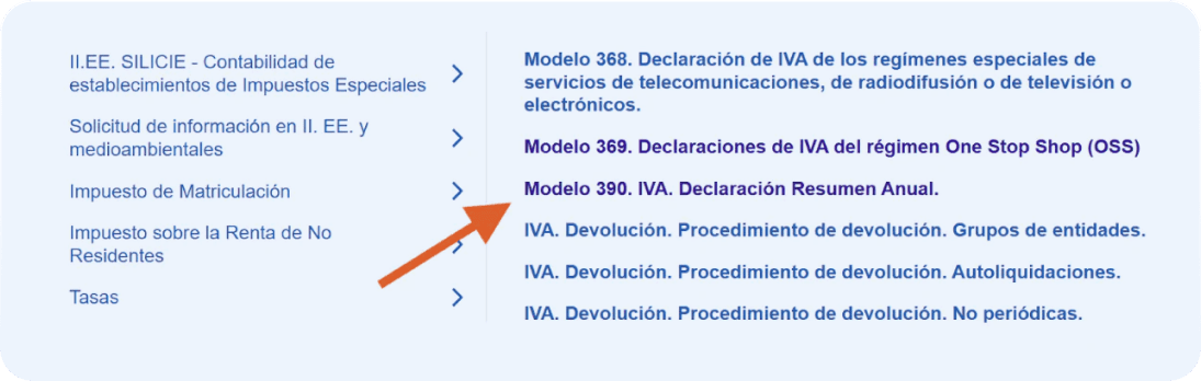 Pantalla de la sede electrónica de la Agencia Tributaria, donde el autónomo deberá hacer clic en “Tasas” para acceder al modelo 390.