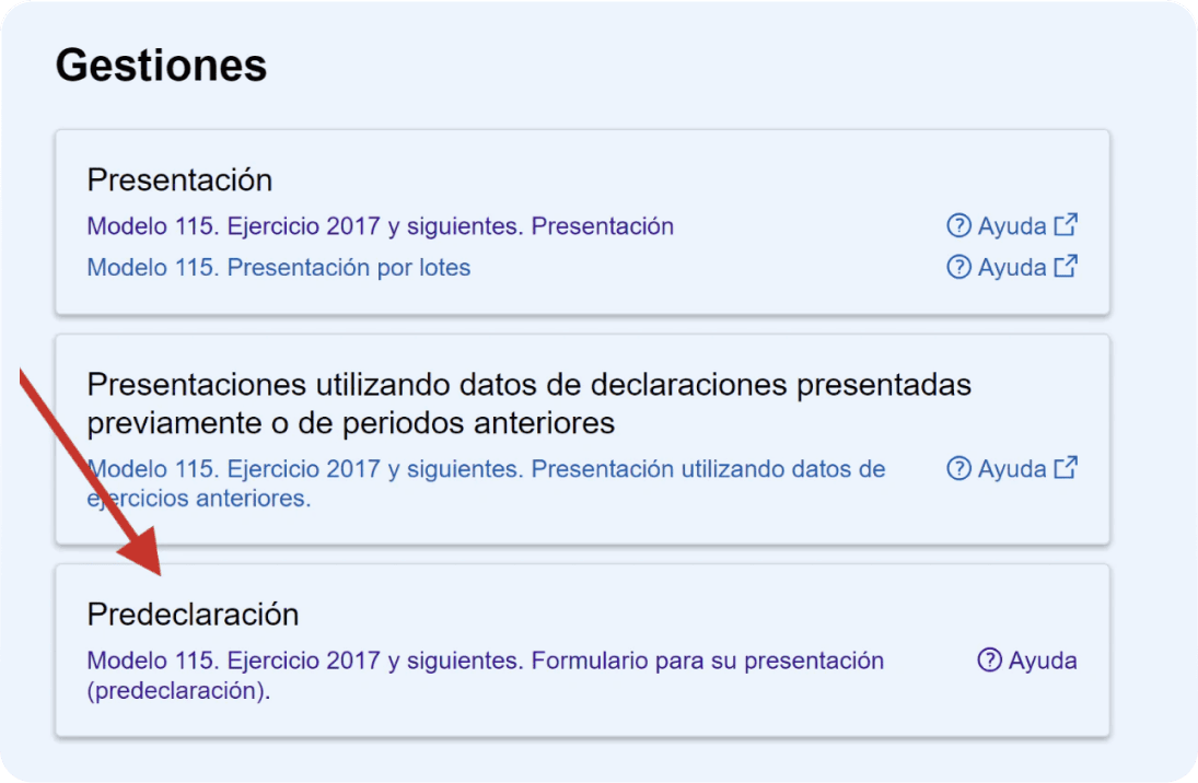Pantalla de Hacienda en donde se permite al autónomo presentar el modelo 115 de manera presencial