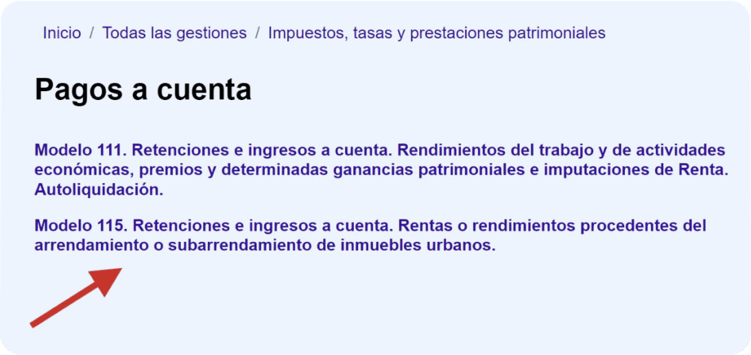 Pantalla de acceso al modelo 115.