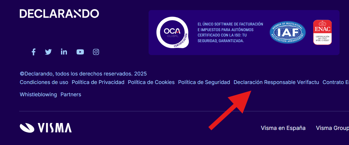 Declaración responsable Verifactu mostrada en la web del software de facturación de Declarando.