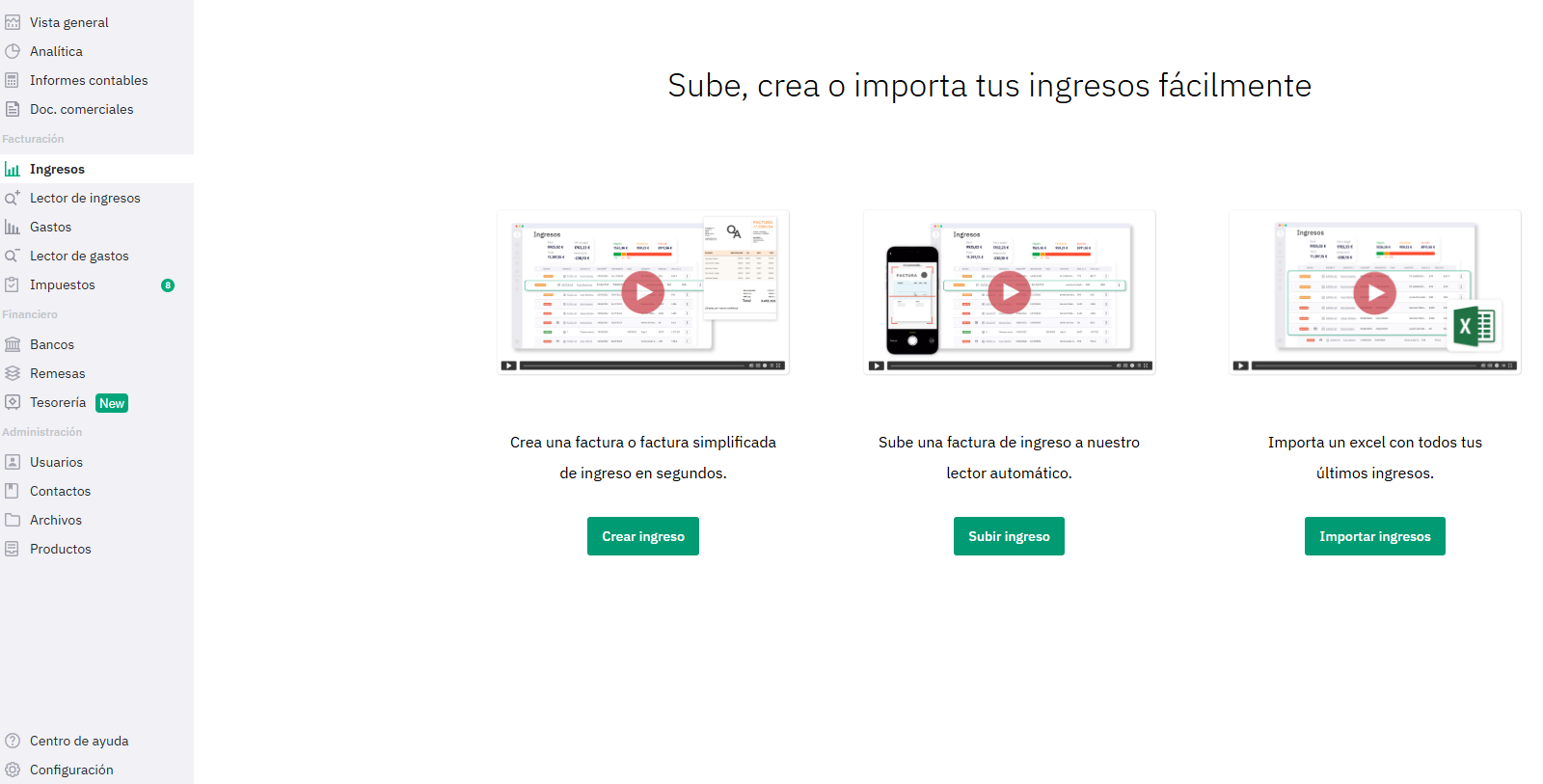 Panel de ingresos de Quipu