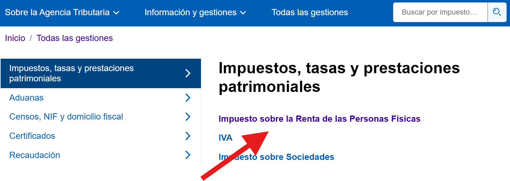 Clica sobre la opción de impuesto sobre la renta de las personas físicas.