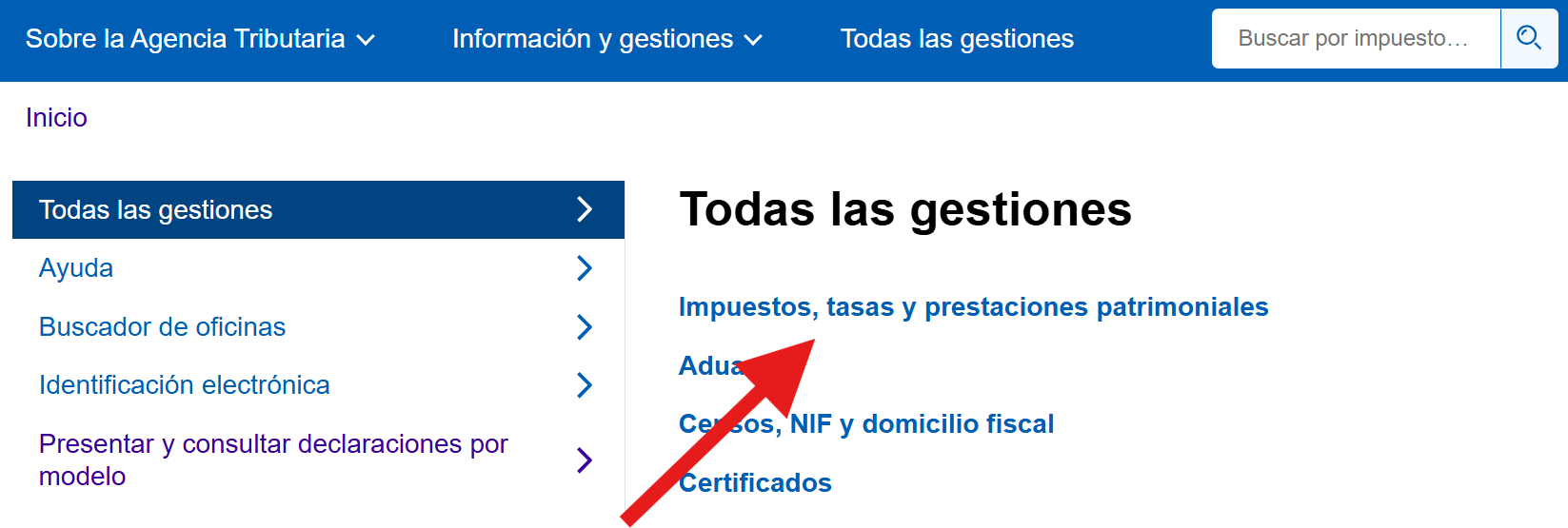 Haz clica en Impuestos, tasas y prestaciones patrimoniales.