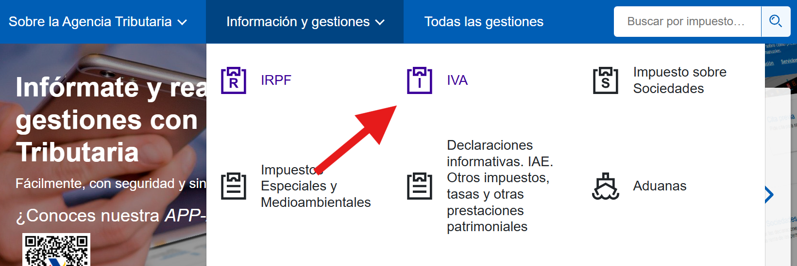 En la web de Hacienda, clica sobre la opción de IVA.