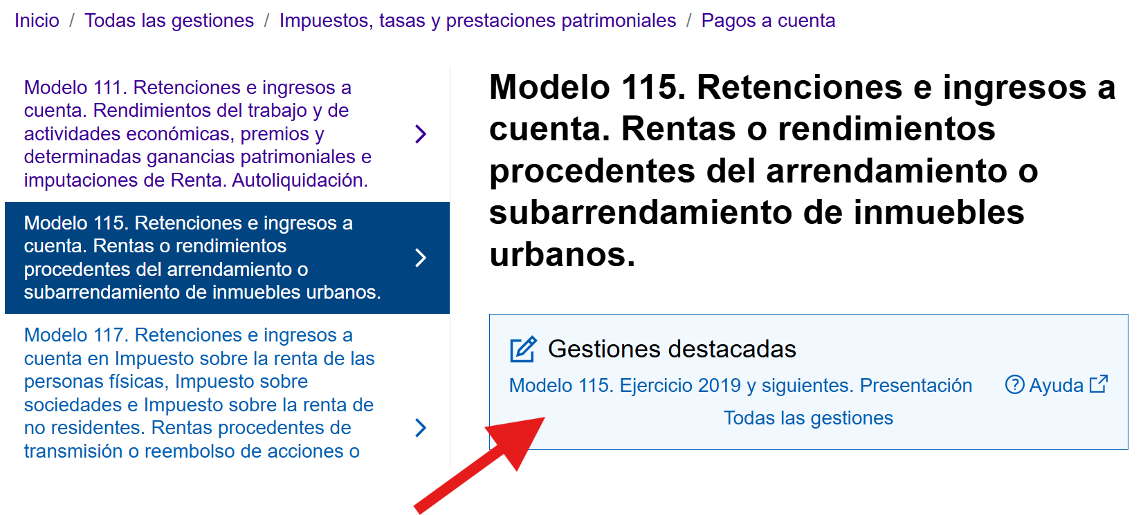 Clica en presentar el modelo 115 para pagarlo fuera de plazo.