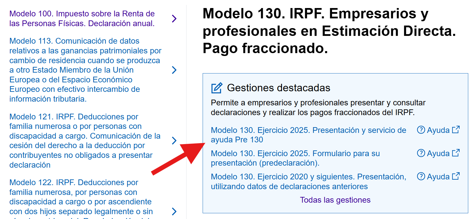 Clica sobre presentar el modelo 130 para acceder al trámite.