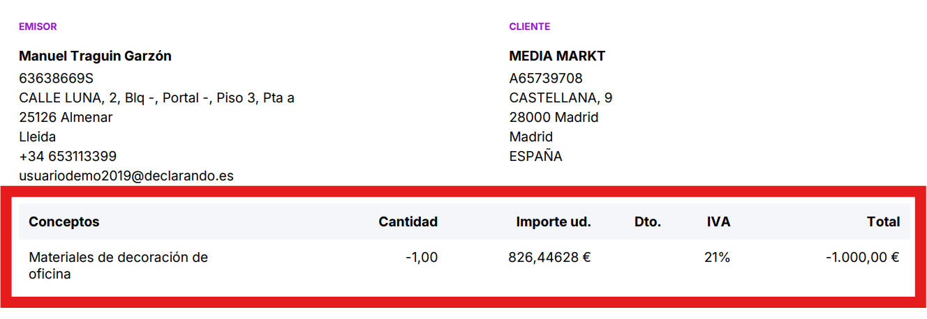 En la factura de abono parcial, el concepto a abonar se pone en negativo.