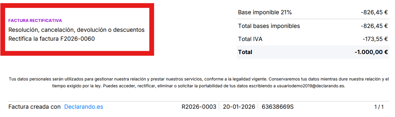 En la factura de abono, menciona la factura original y el motivo de abono.