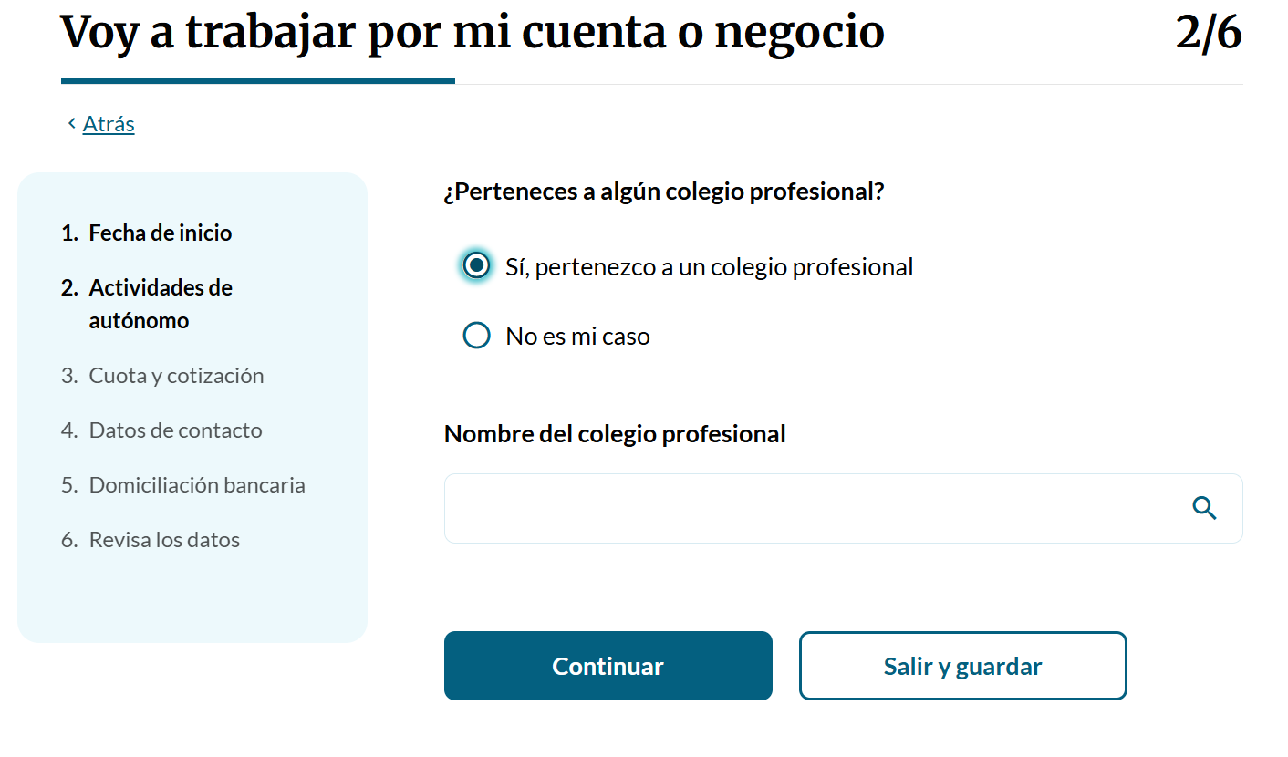 Indica si perteneces a un colegio profesional (obligatorio en algunas profesiones).