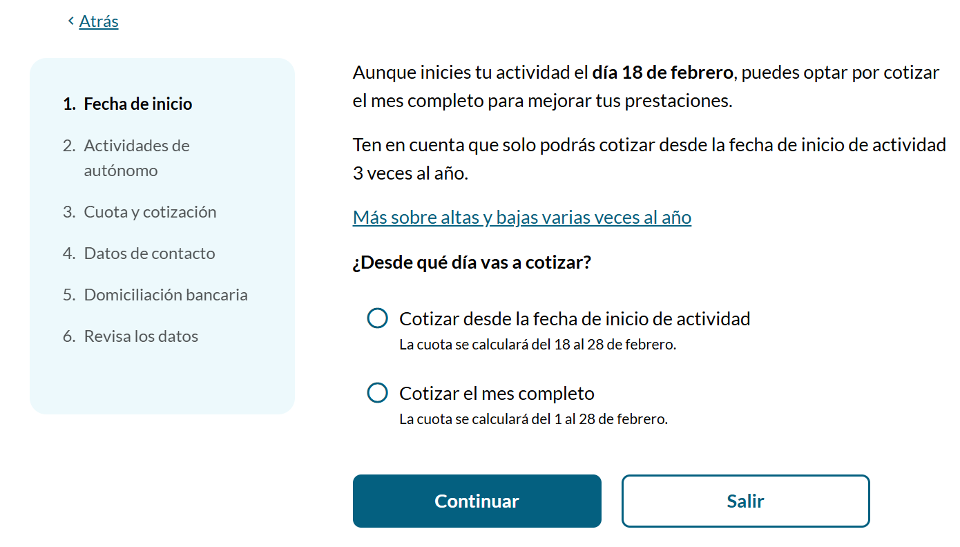 Elige cotizar por mes completo o desde la fecha de inicio de tu actividad.