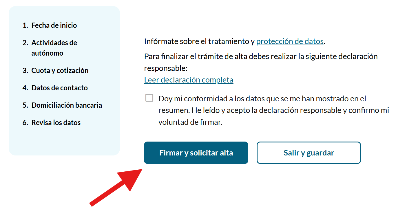 Clica en Firma y envía tu solicitud para tramitar tu alta en el RETA.