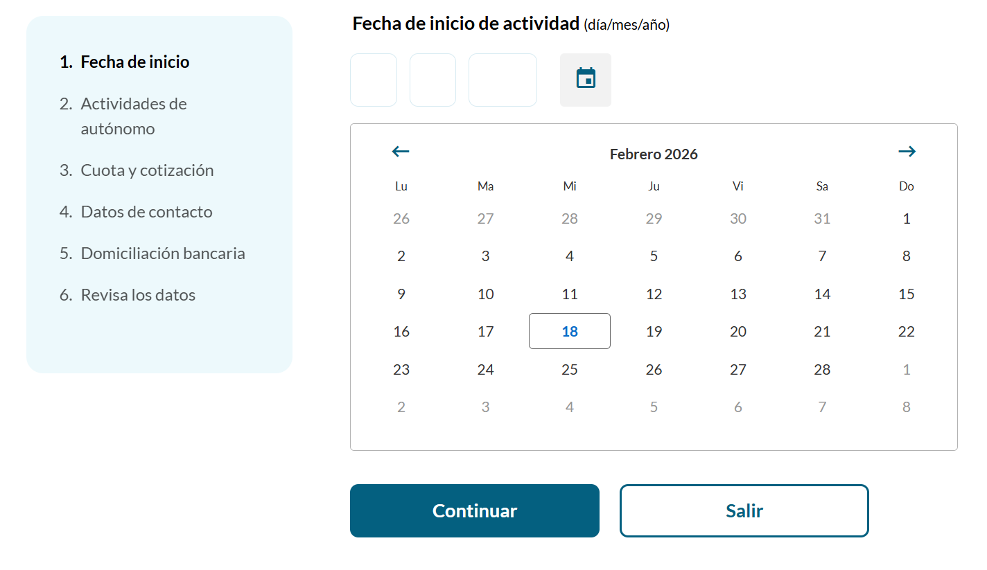 Indica la fecha de comienzo de tu actividad.