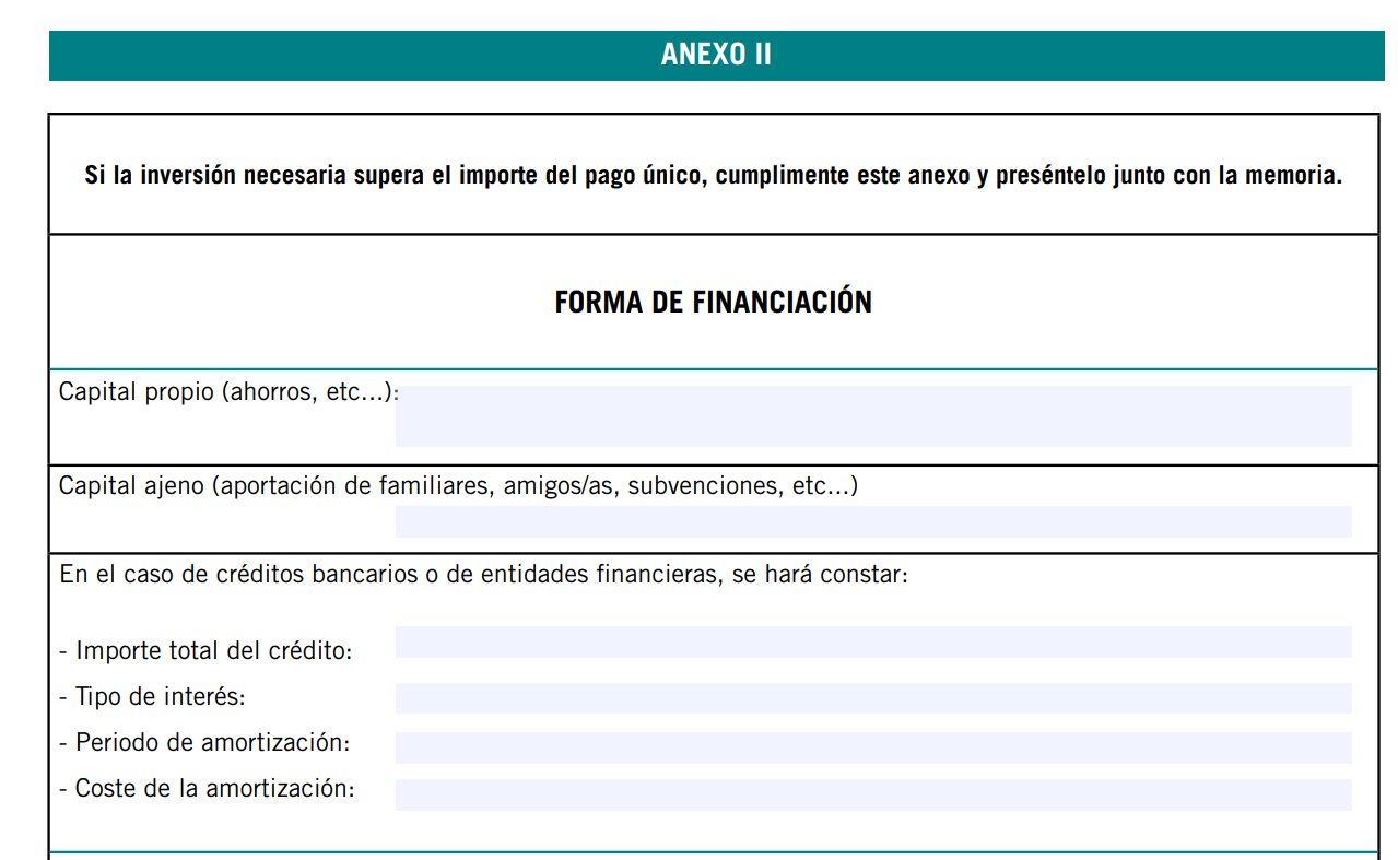 Rellena el anexo II de solicitud del pago único del paro en caso de que no cubra toda la inversión.