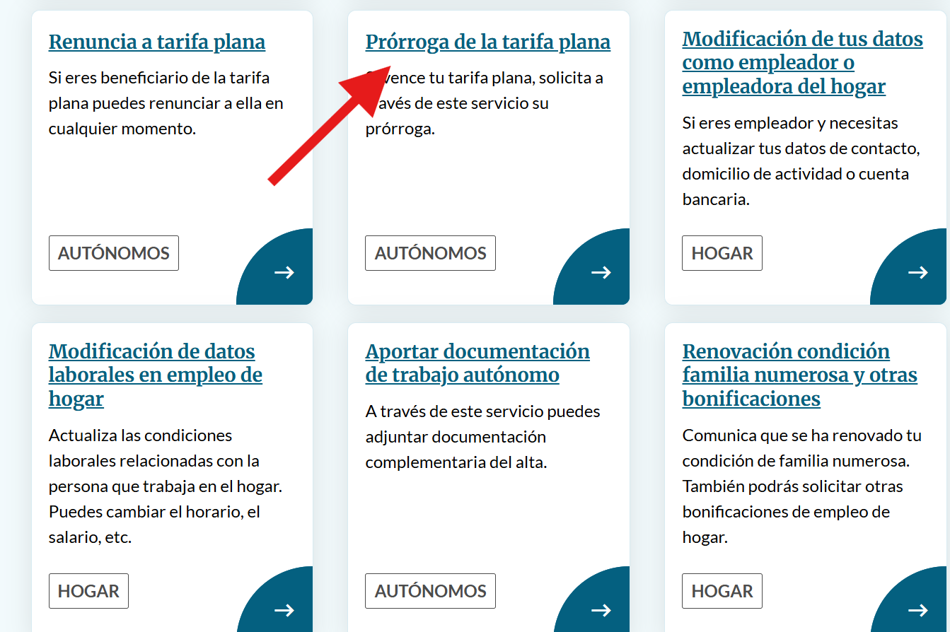 En Importass, clica en Prórroga de la tarifa plana para solicitarla.